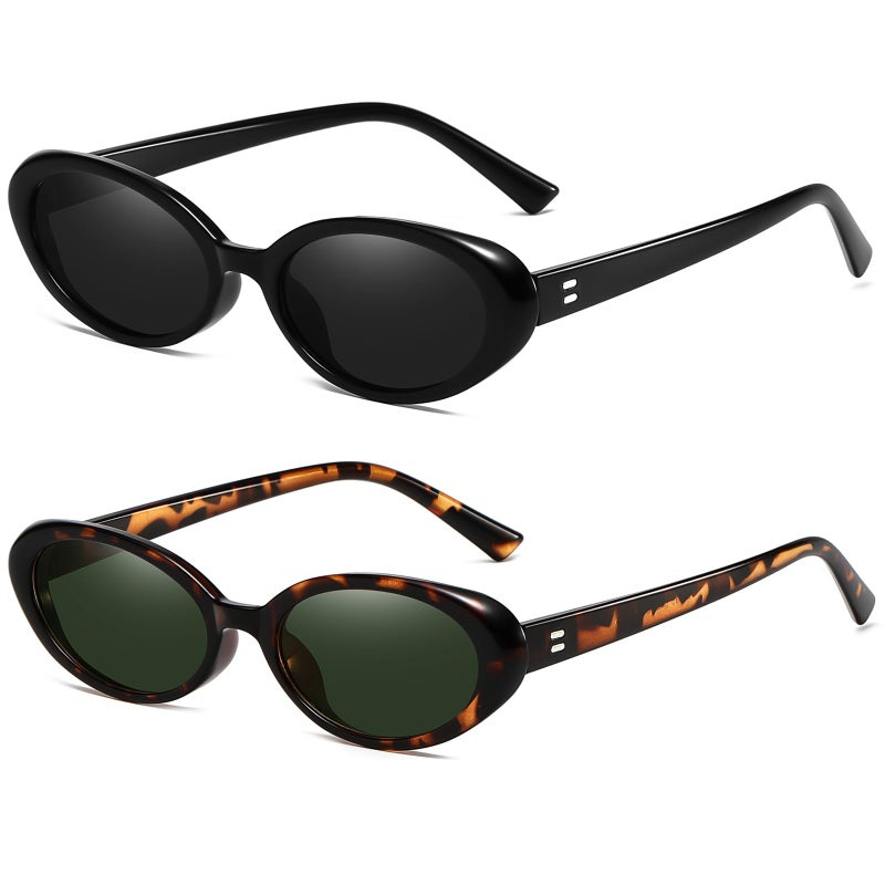 Breaksun Retro Oval Sunglasses for Women Men Fashion Small Oval Sunglasses 90s Vintage Shades (Black/Grey+ Leopard/G15) - Image 1